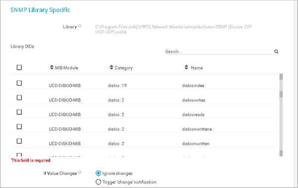 List of SNMP Table Values: Sorted by MIB, Category (Table Name/OID), Row, Name